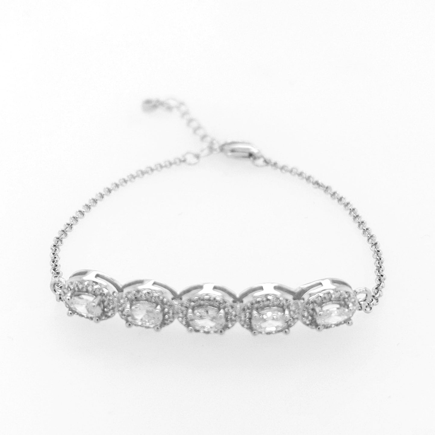 Sterling Silver Oval Halo CZ Bar Bracelet - HK Jewels