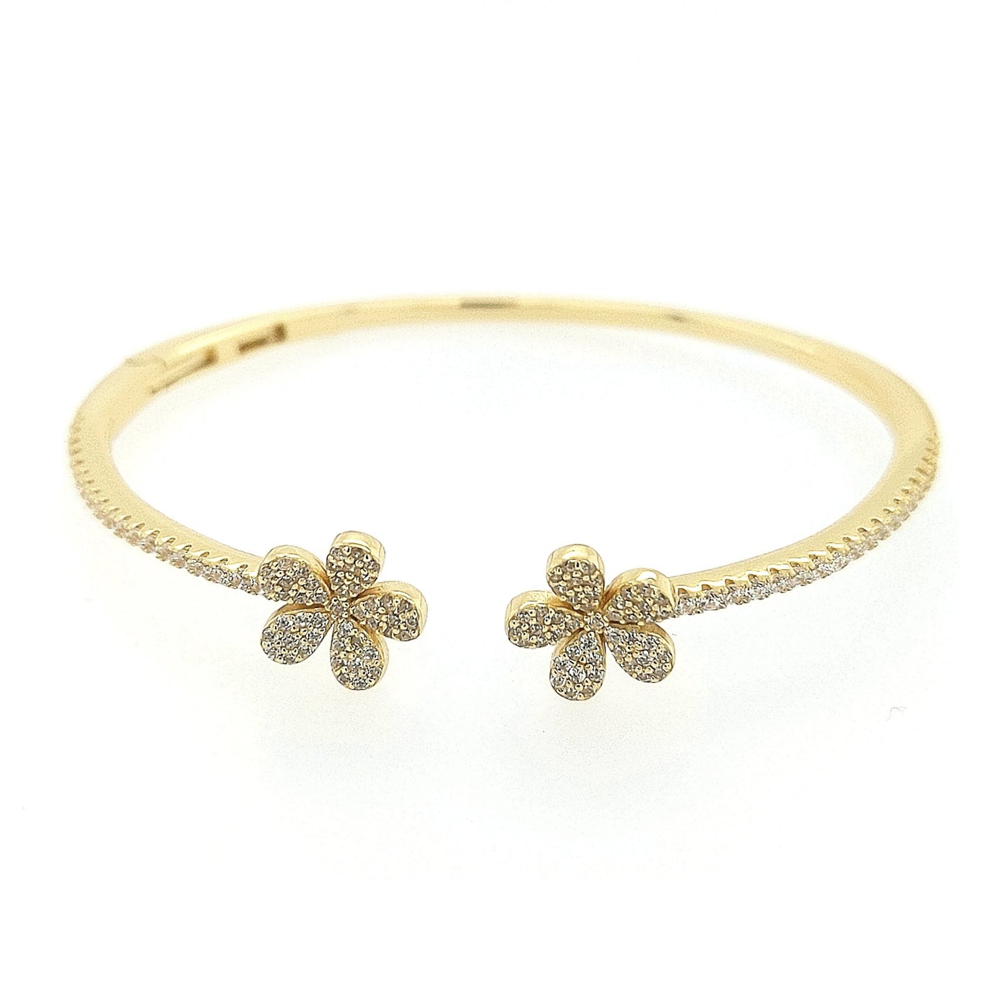 Sterling Silver CZ Double Flower Cuff Bangle - HK Jewels