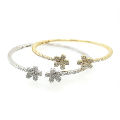 Sterling Silver CZ Double Flower Cuff Bangle - HK Jewels