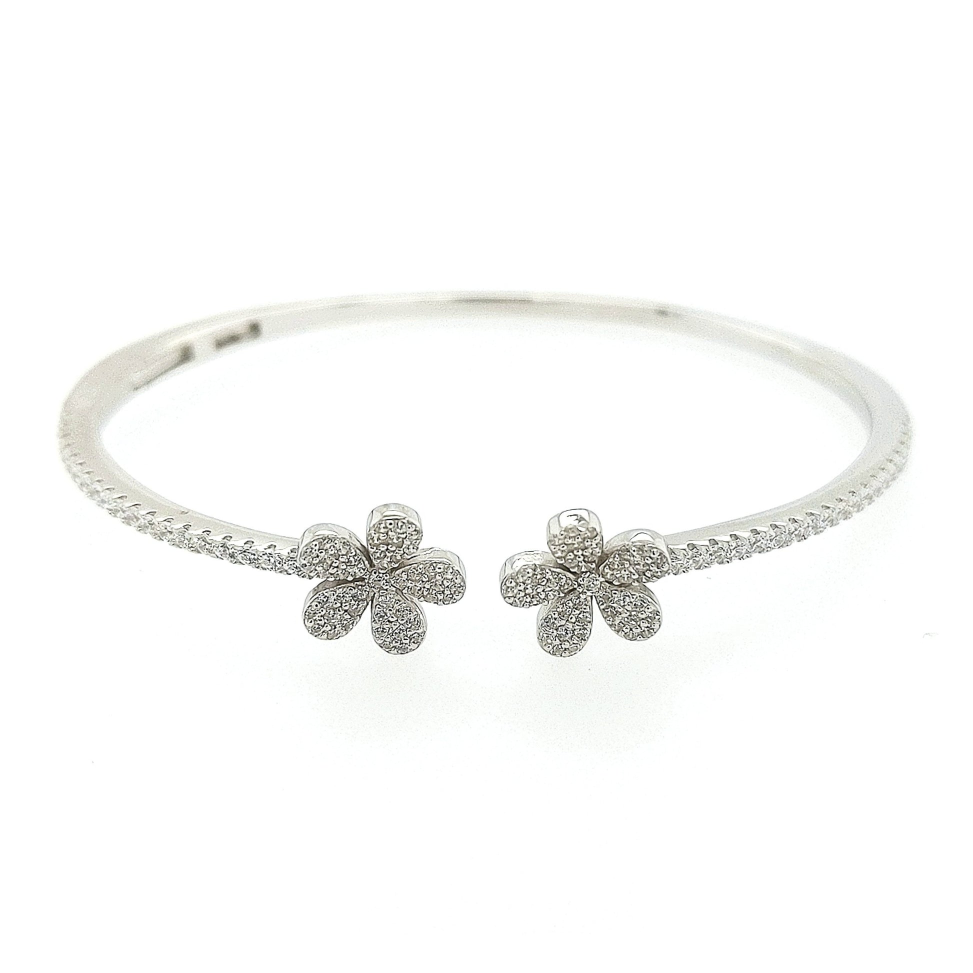 Sterling Silver CZ Double Flower Cuff Bangle - HK Jewels