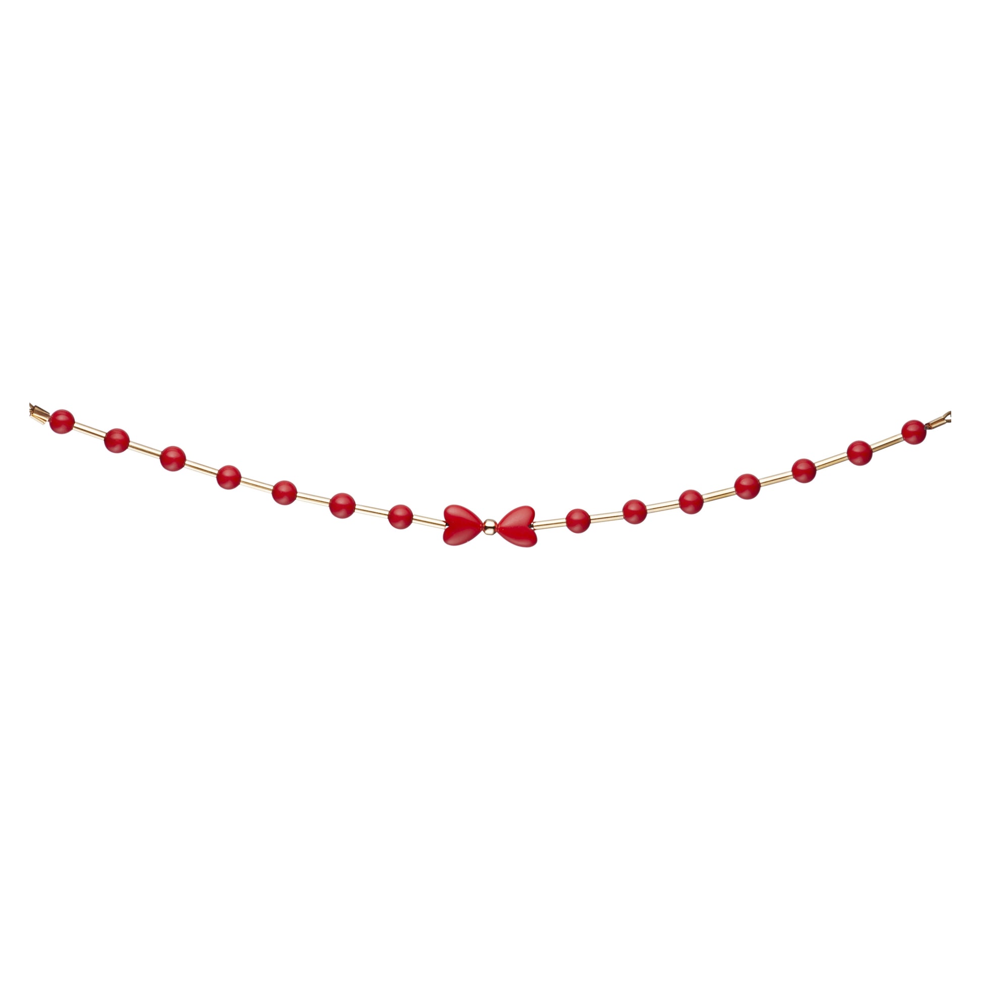 Gold Filled Bar With Red Beads With Center Red Heart Bow Children's Bracelet - HK Jewels