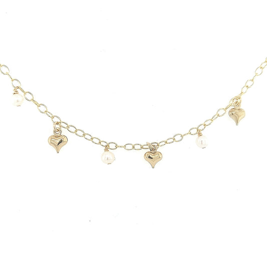 Gold Filled Chain With Hanging Gold Heart and Pearl Children's Bracelet - HK Jewels