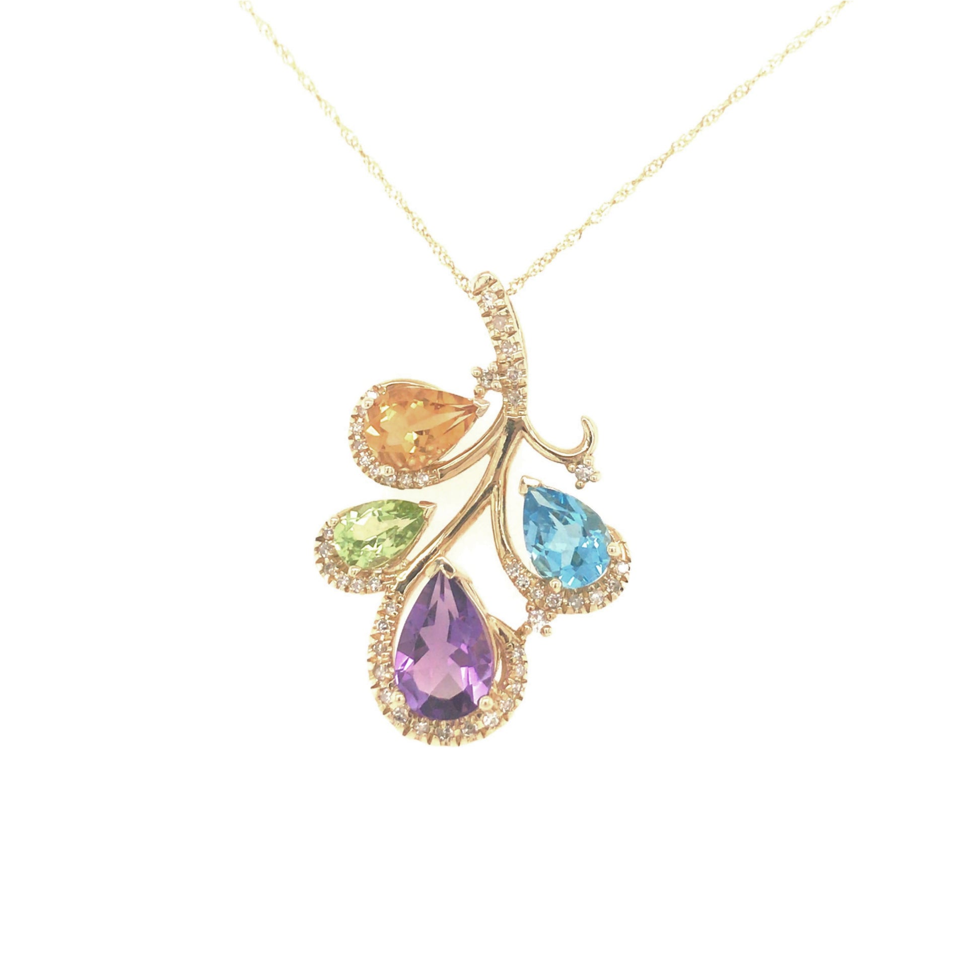 14K Gold Branch With Colorful Stone Buds and Diamonds Pendant Necklace - HK Jewels