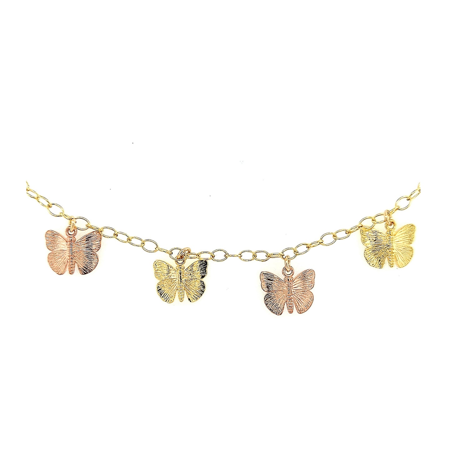 Gold Filled Chain With Hanging Gold and Rose Gold Butterflies Bracelet - HK Jewels