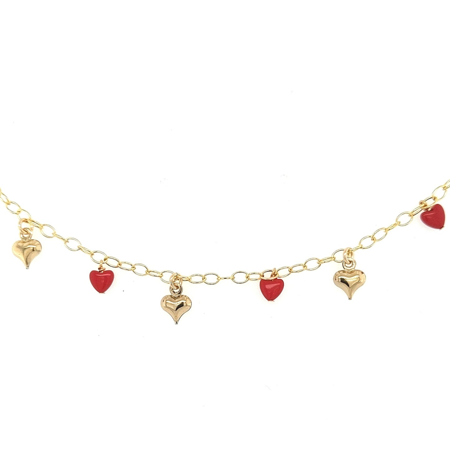 Gold Filled Chain With Alternating Small Puffy Gold and Red Hearts Bracelet - HK Jewels
