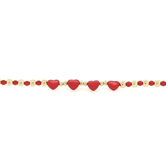 Alternating Gold Filled and Red Beads With Four Red Hearts in the Center Children's Bracelet - HK Jewels