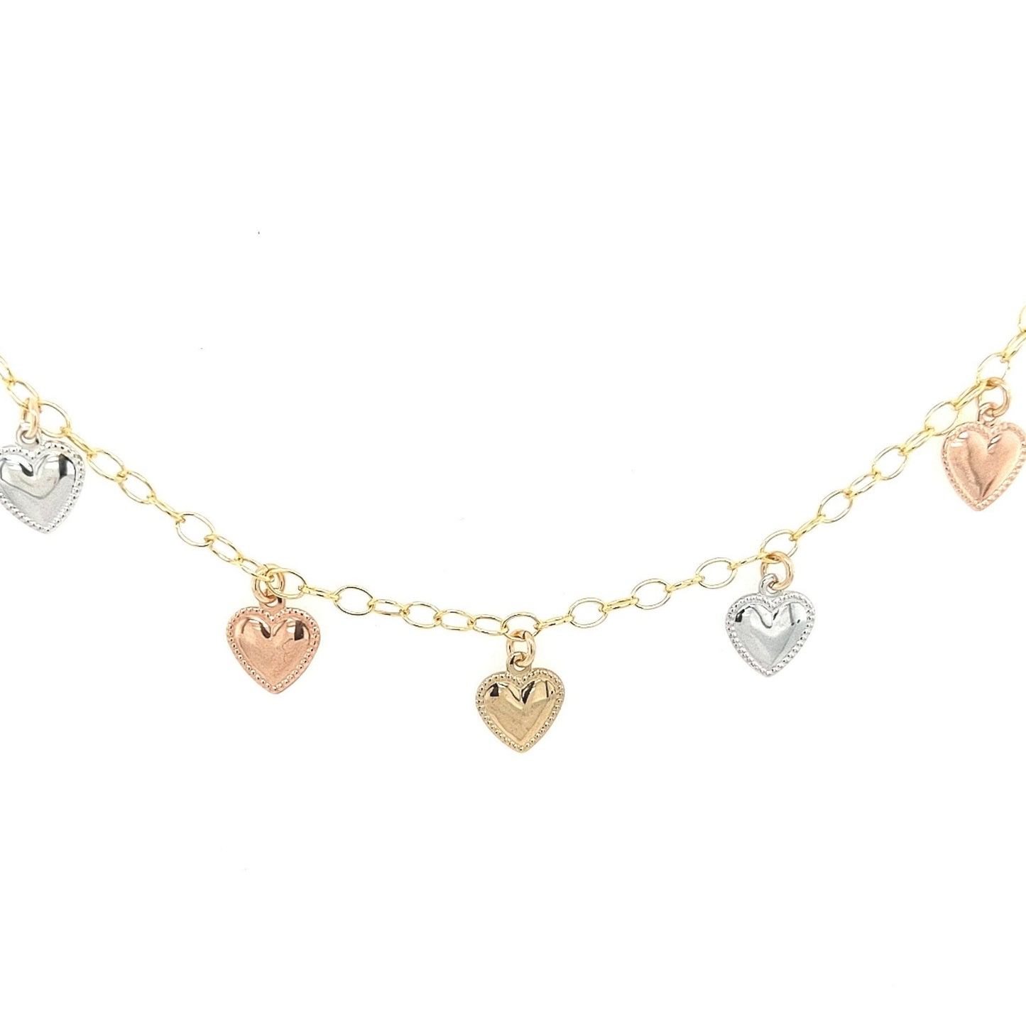 Gold Filled Chain With Hanging Gold and Rose Gold Hearts Bracelet - HK Jewels