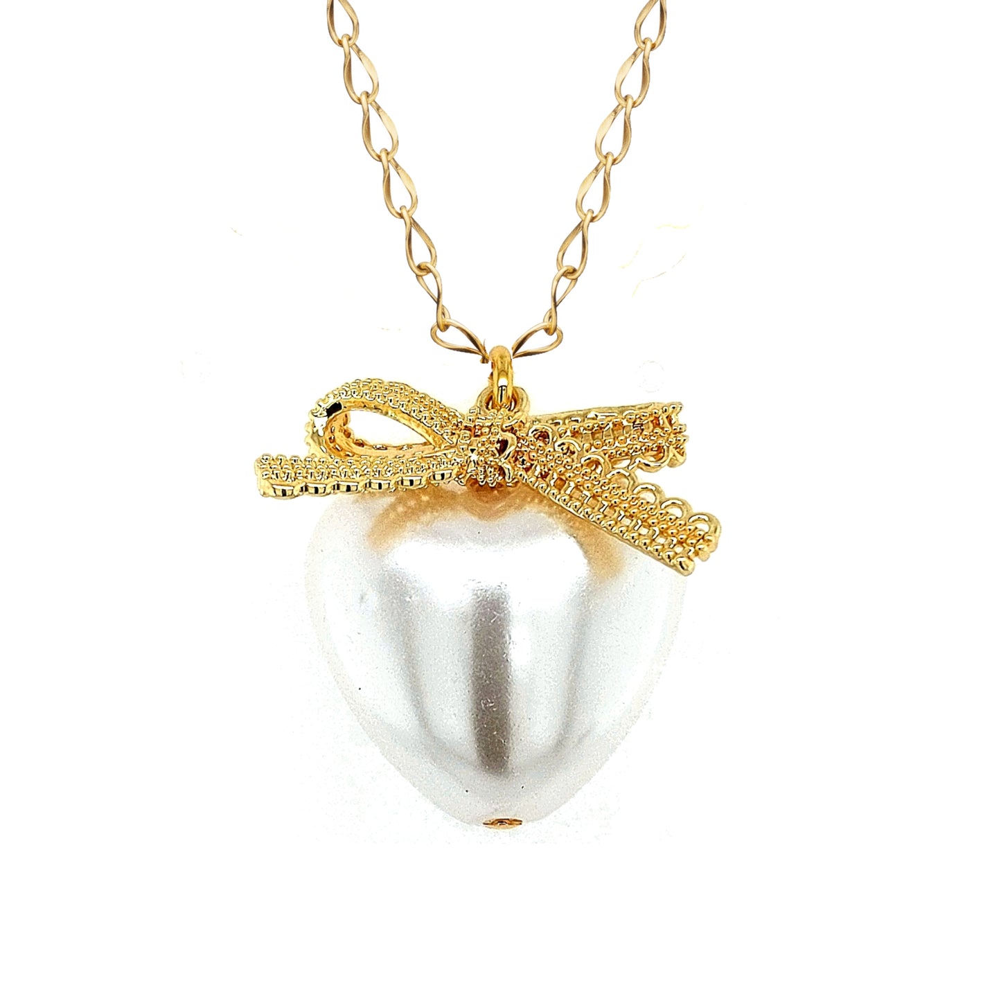 Gold Plated Design Bow With Large Pearl Pendant Necklace - HK Jewels