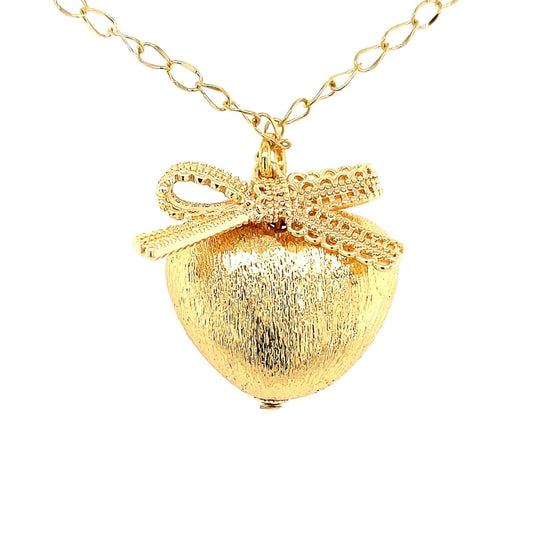 Gold Plated Design Bow With Large Brushed Puffy Heart Necklace - HK Jewels