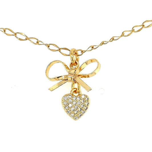 Gold Plated Bow With Small Puffy CZ Heart Necklace - HK Jewels