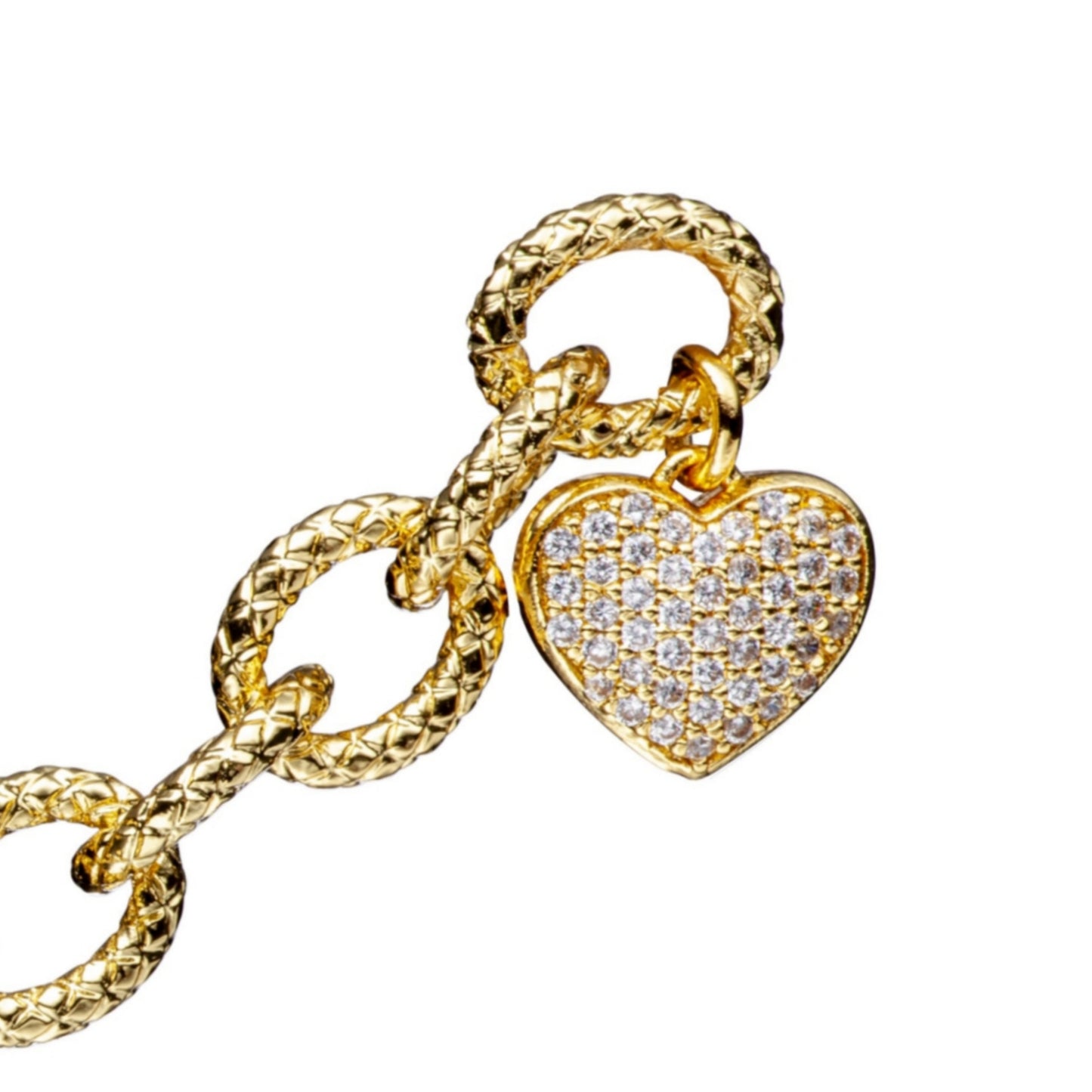 Textured Large Link With Large CZ Puffy Heart Charm Bracelet - HK Jewels
