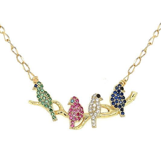 Gold Plated Four Birds Colored CZ  Necklace - HK Jewels