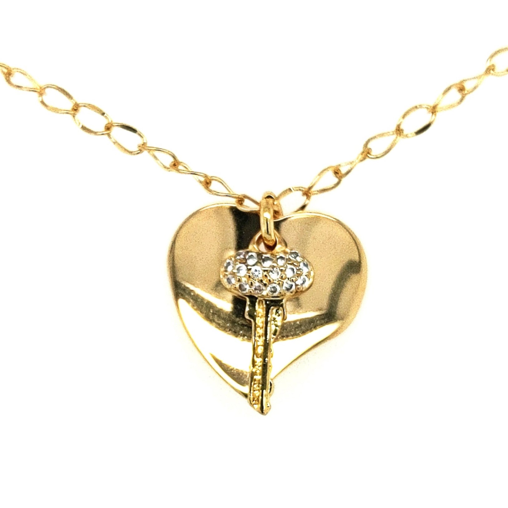 Gold Plated Flat Large Heart With CZ Key Necklace - HK Jewels