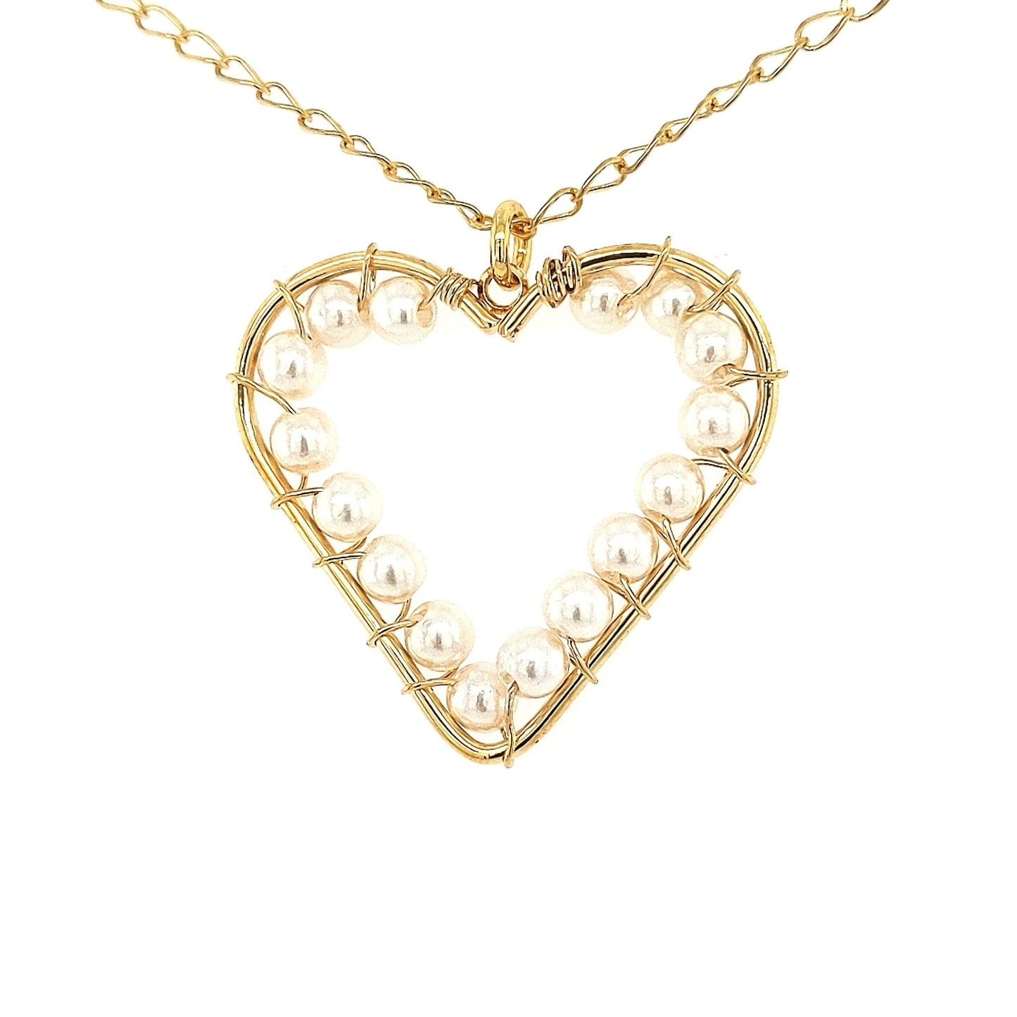 Gold Plated Wired Pearl Large Open Heart Necklace - HK Jewels