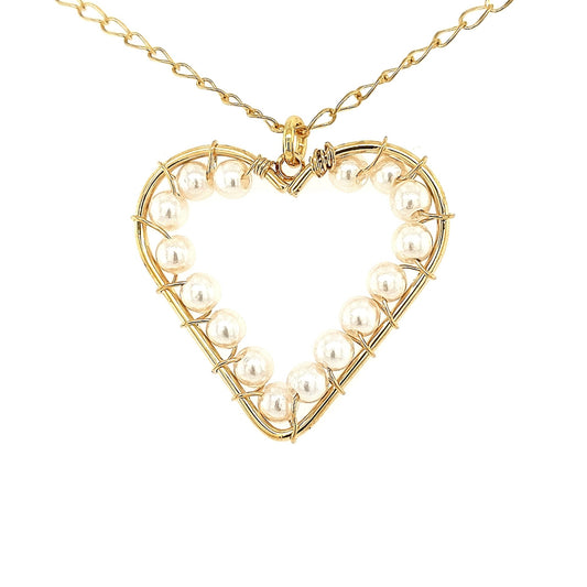 Gold Plated Wired Pearl Large Open Heart Necklace - HK Jewels