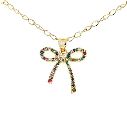 Gold Plated Multicolor CZ Bow Necklace - HK Jewels