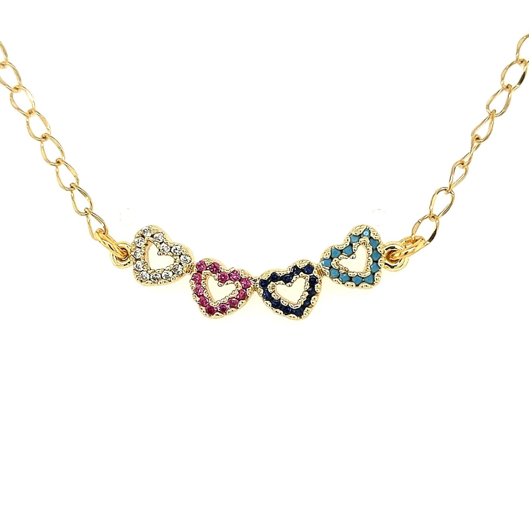 Gold Plated Four Heart CZ Multicolor Necklace - HK Jewels