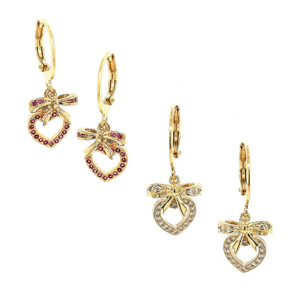 Surgical Steel Small Bow On Small Open CZ Heart Earring - HK Jewels