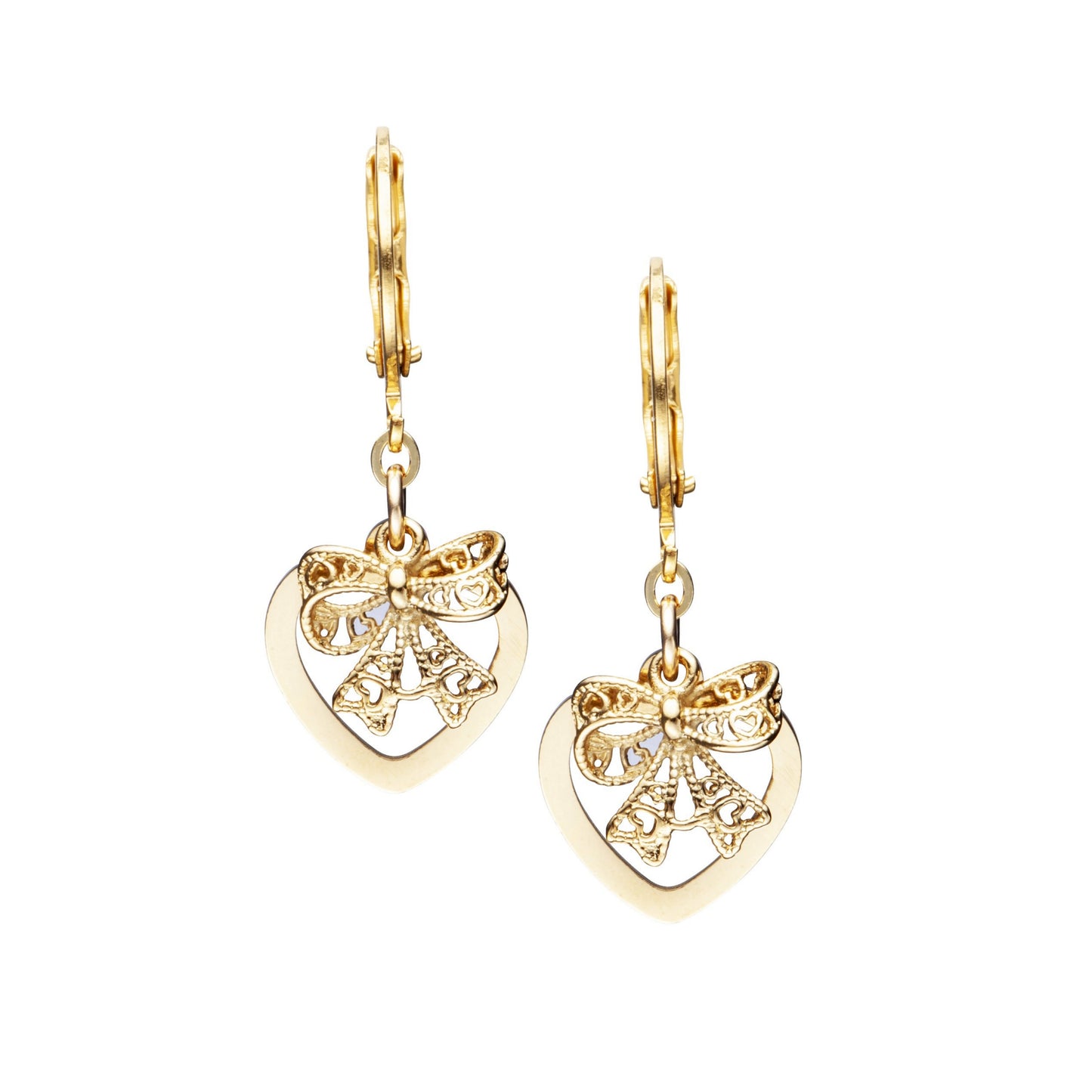 Surgical Steel Flat Open Large Heart With 3D Gold Bow Earring - HK Jewels