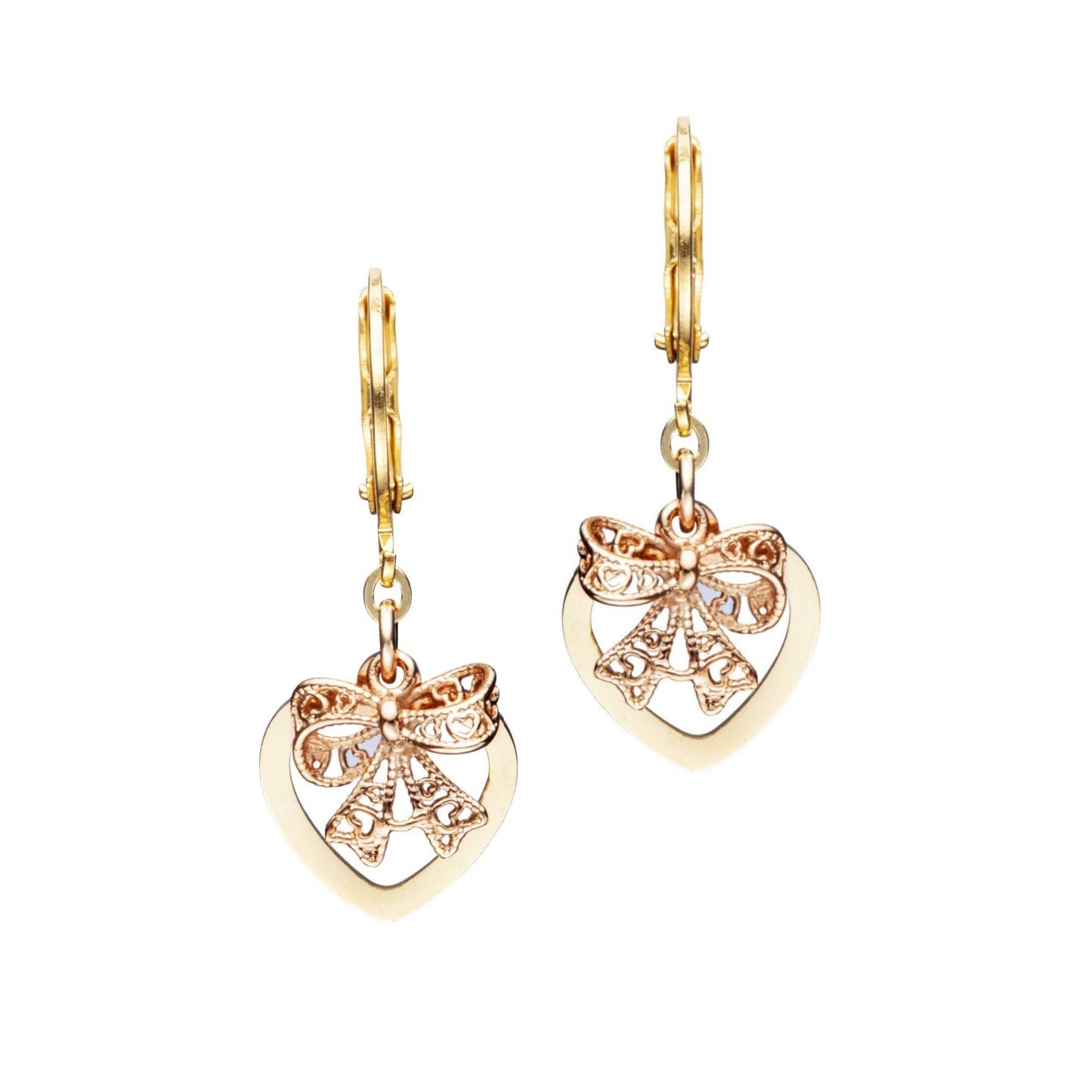 Surgical Steel Flat Open Large Heart With 3D Gold Bow Earring - HK Jewels