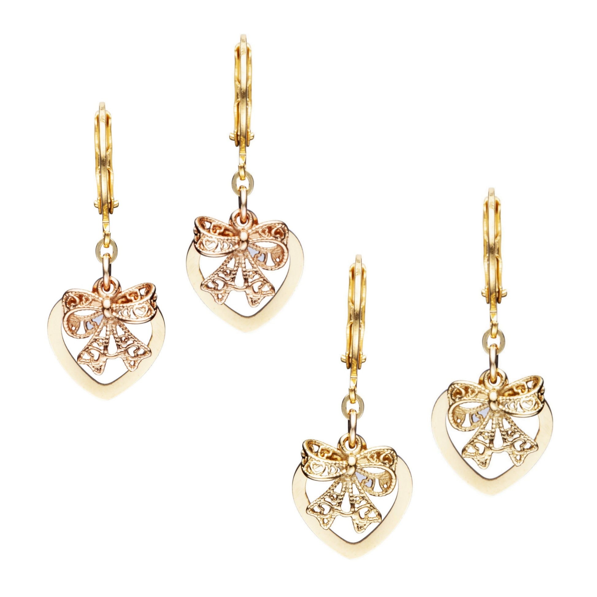 Surgical Steel Flat Open Large Heart With 3D Gold Bow Earring - HK Jewels