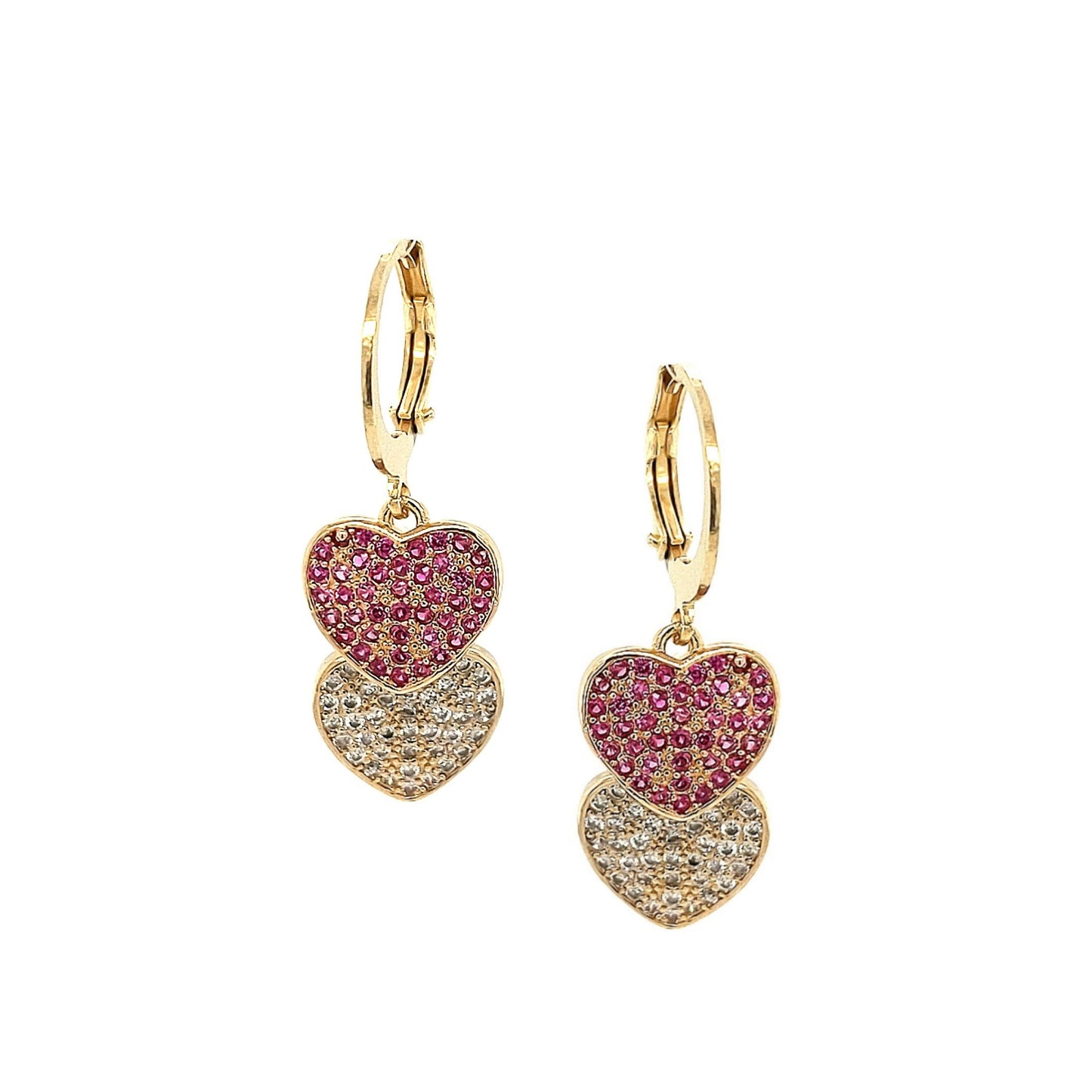 Surgical Steel Medium Double Clear and Fuchsia CZ Heart Earrings - HK Jewels