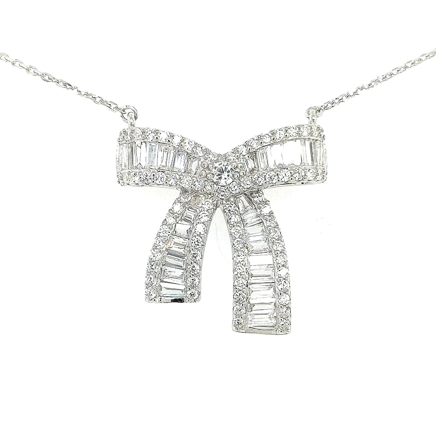 Sterling Silver CZ Baguette Bow Necklace - HK Jewels