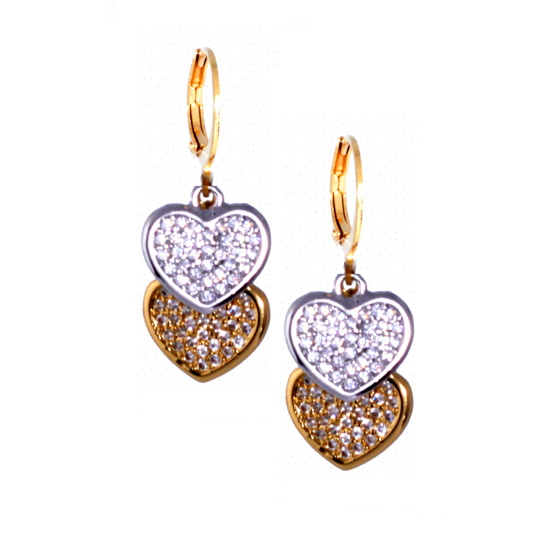 Surgical Steel Double Two-Tone Hanging CZ Heart Earring - HK Jewels