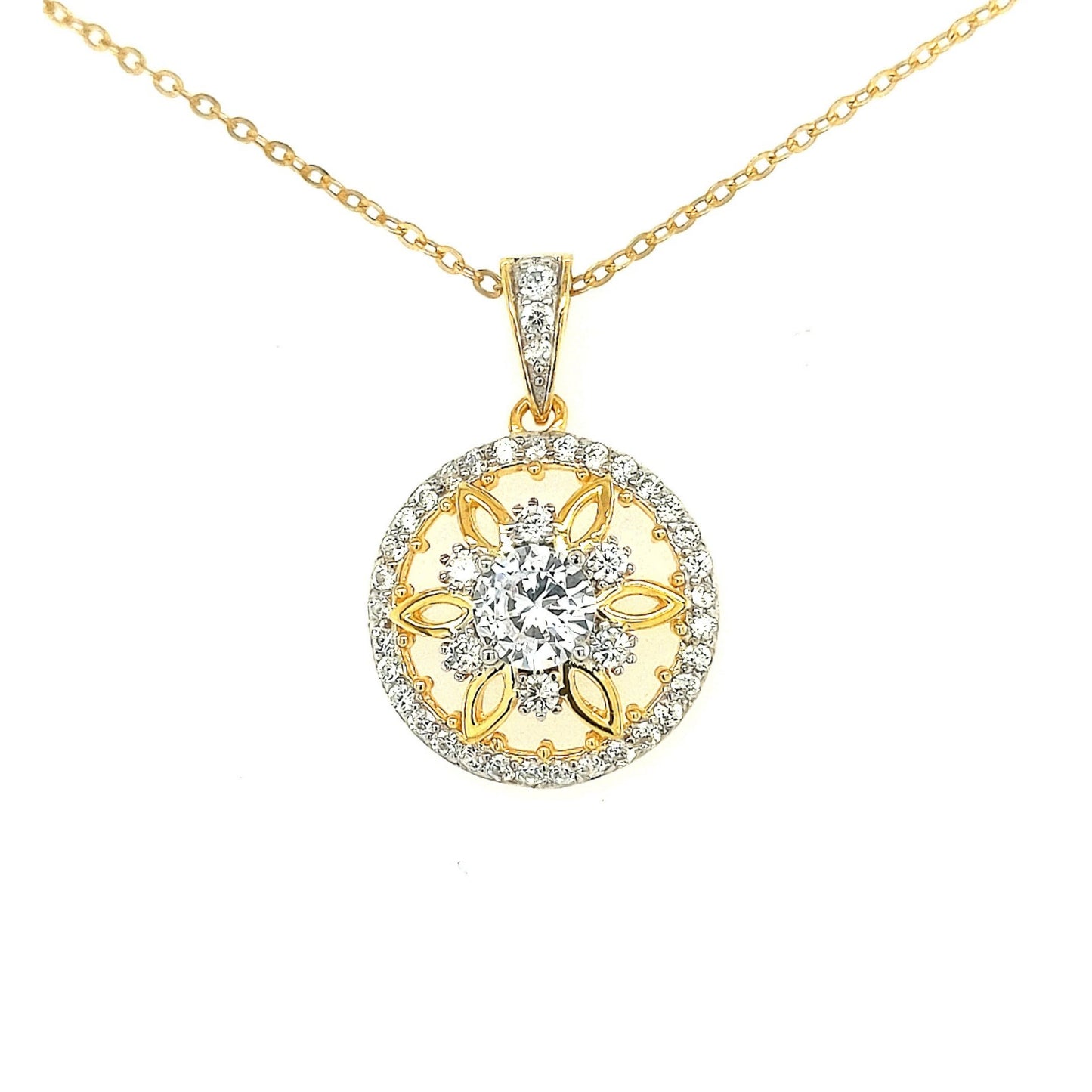Sterling Silver Gold Plated Small Circle With CZ Flower Pendant - HK Jewels