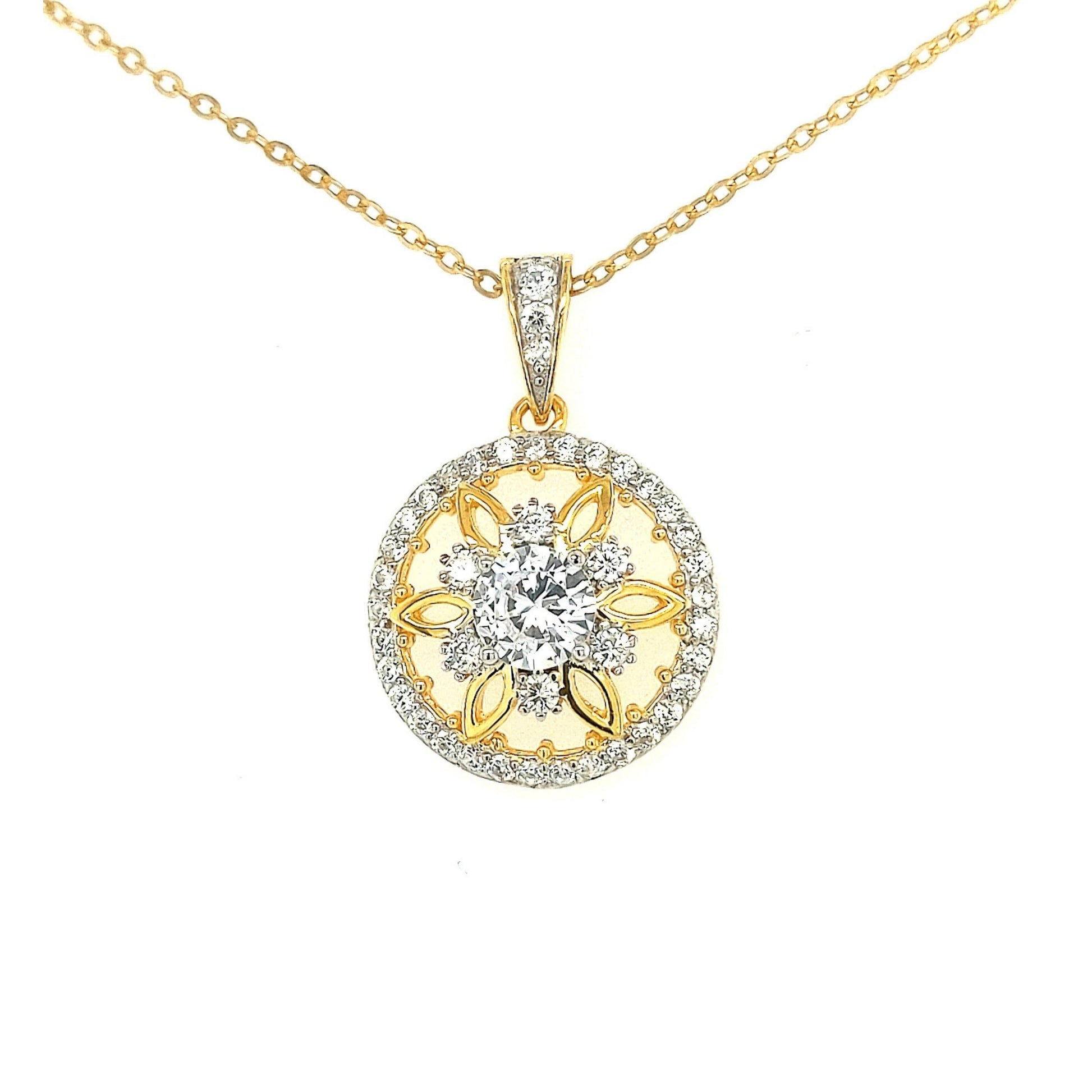 Sterling Silver Gold Plated Small Circle With CZ Flower Pendant - HK Jewels