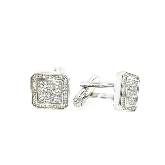 Sterling Silver Micropave With Cut Corners Square Cufflinks - HK Jewels