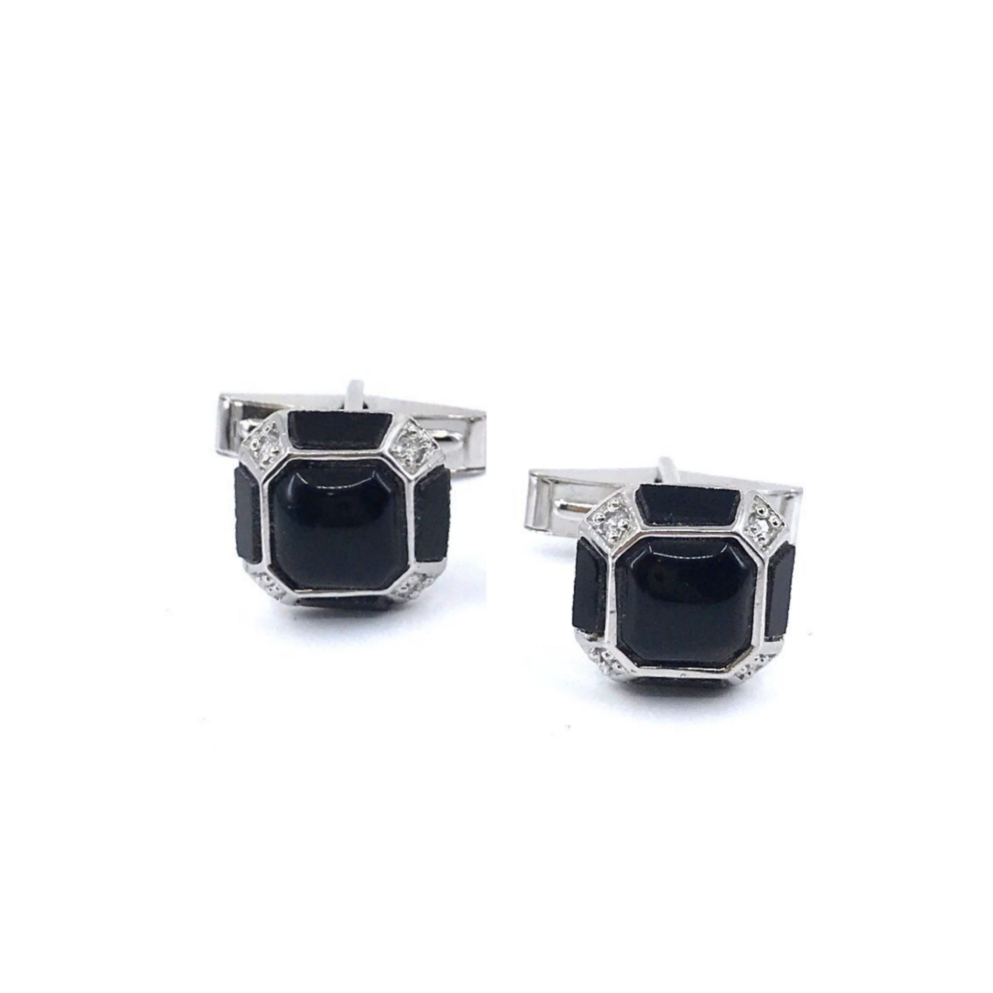 Sterling Silver Square with Cut Corners Black Cufflinks - HK Jewels