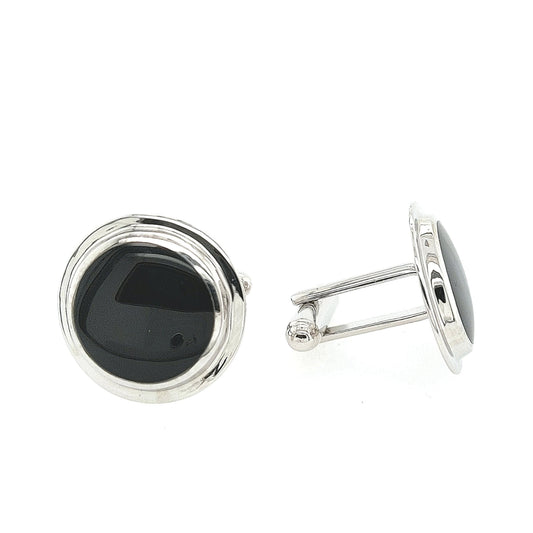 Sterling Silver Round Black Cufflinks With Beveled Border - HK Jewels