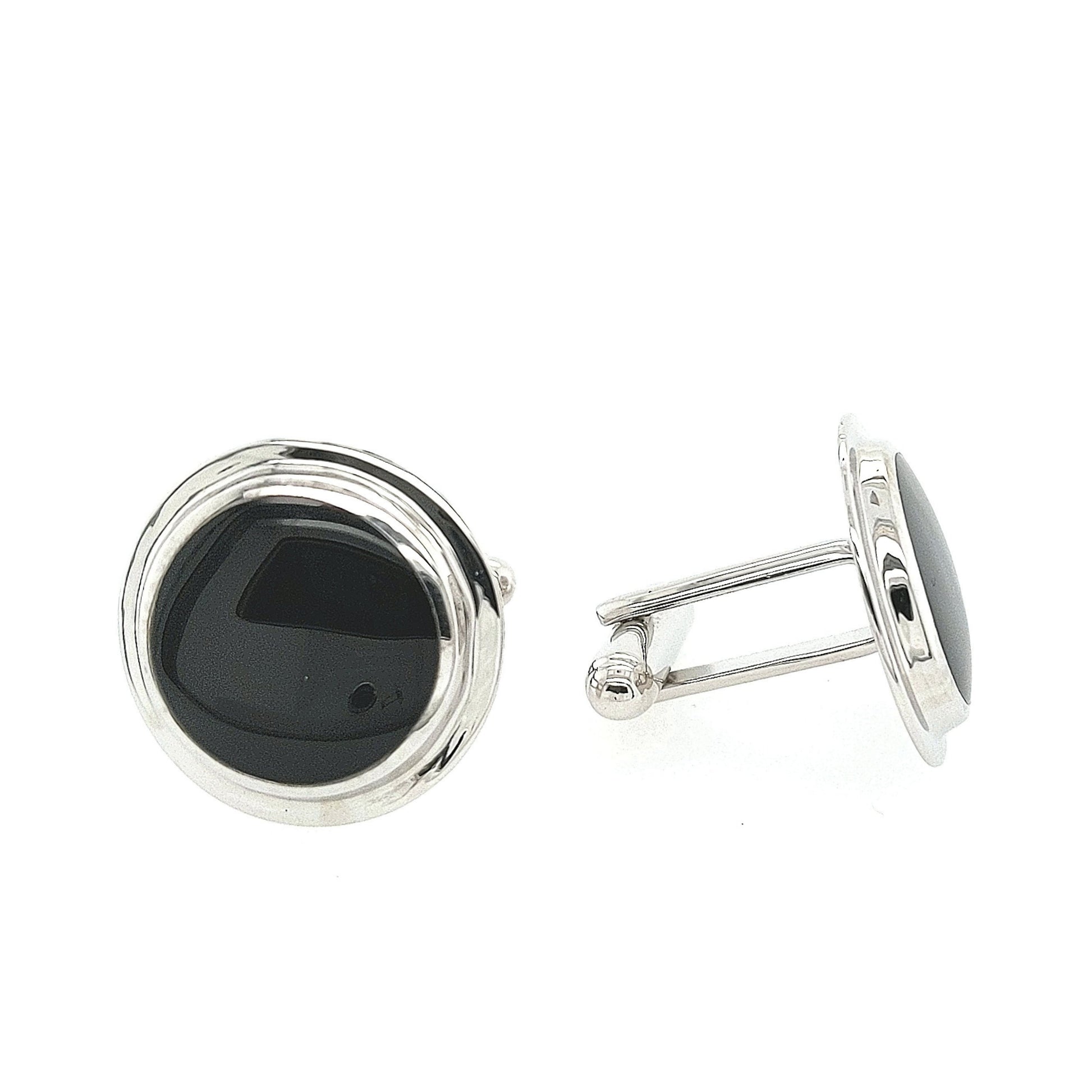 Sterling Silver Round Black Cufflinks With Beveled Border - HK Jewels