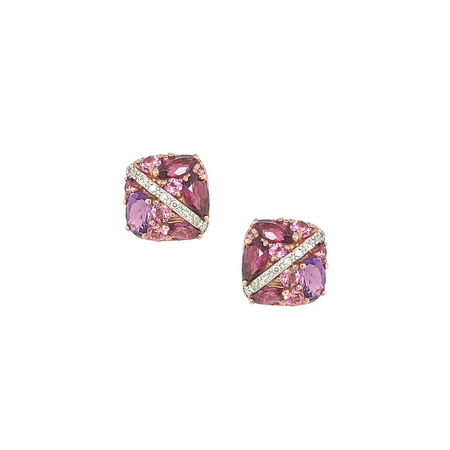 10k Rose Gold Square Shaped with Garnet, Pink Tourmaline, and Diamond Stud Earring - HK Jewels