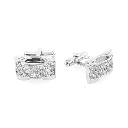 Sterling Silver Micropave Rectangular Cufflinks With Curved Insets - HK Jewels