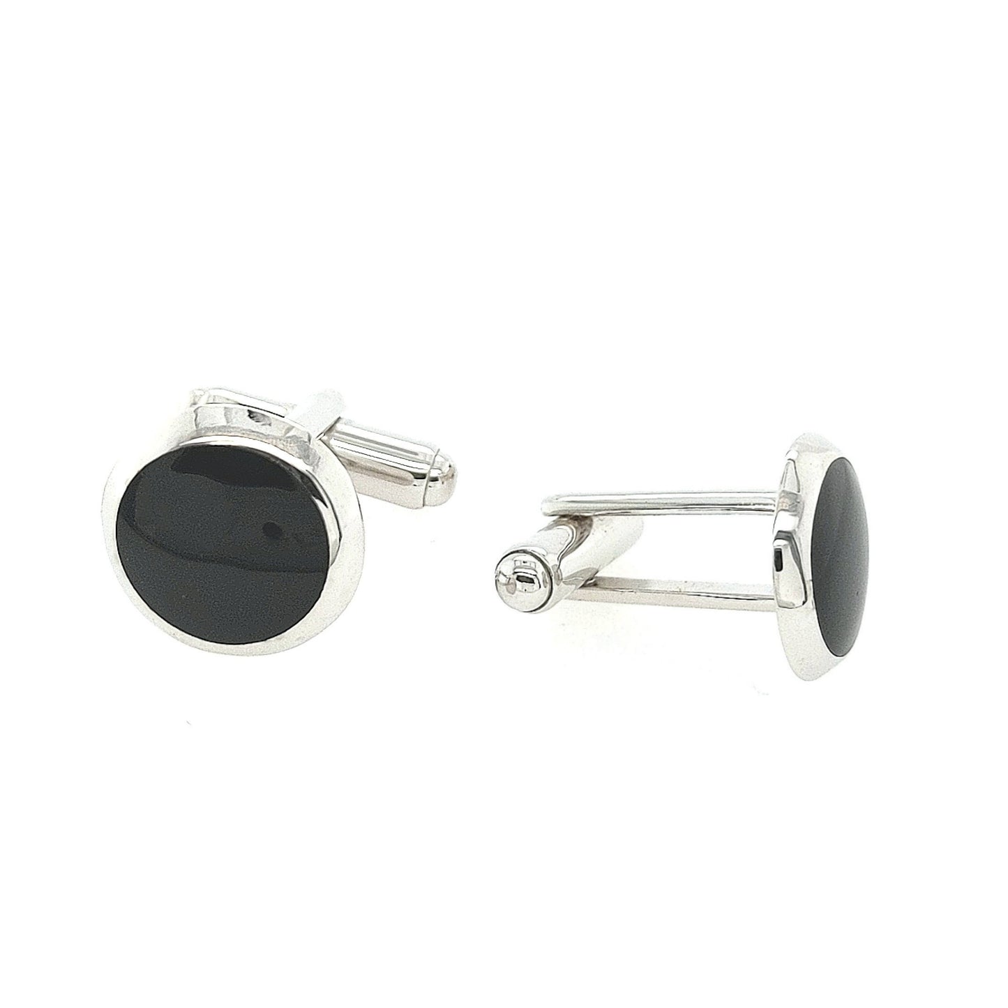 Sterling Silver Small Round Black Cufflinks - HK Jewels