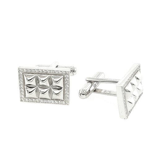 Sterling Silver Micropave Rectangular Six Square with CZ Border Cufflinks - HK Jewels