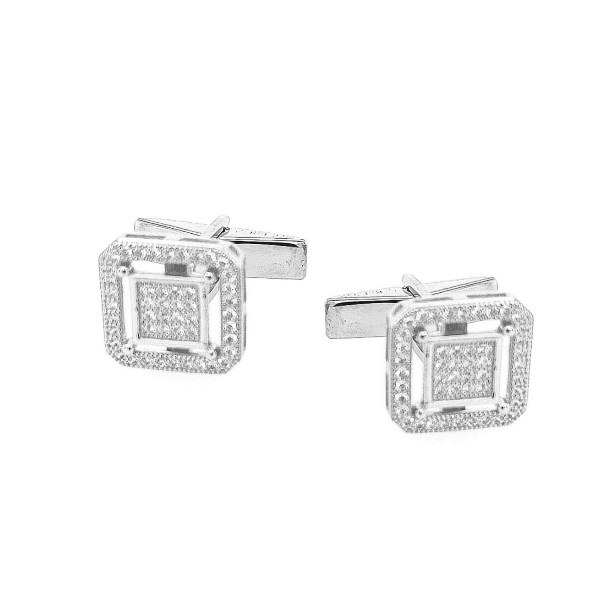 Sterling Silver Micropave Square Inside Square With Cut Corners Cufflinks - HK Jewels