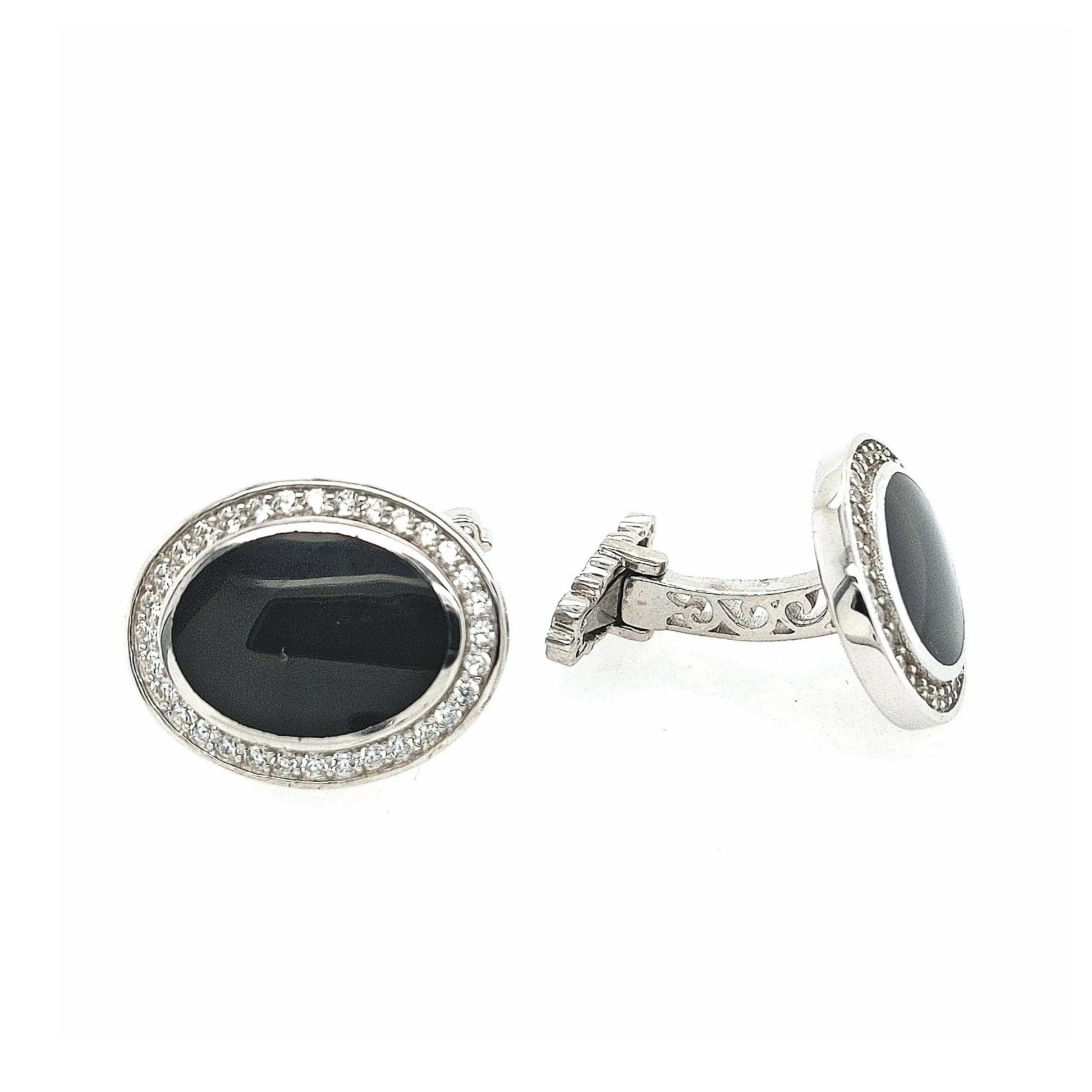 Sterling Silver Black Oval Cufflinks - HK Jewels