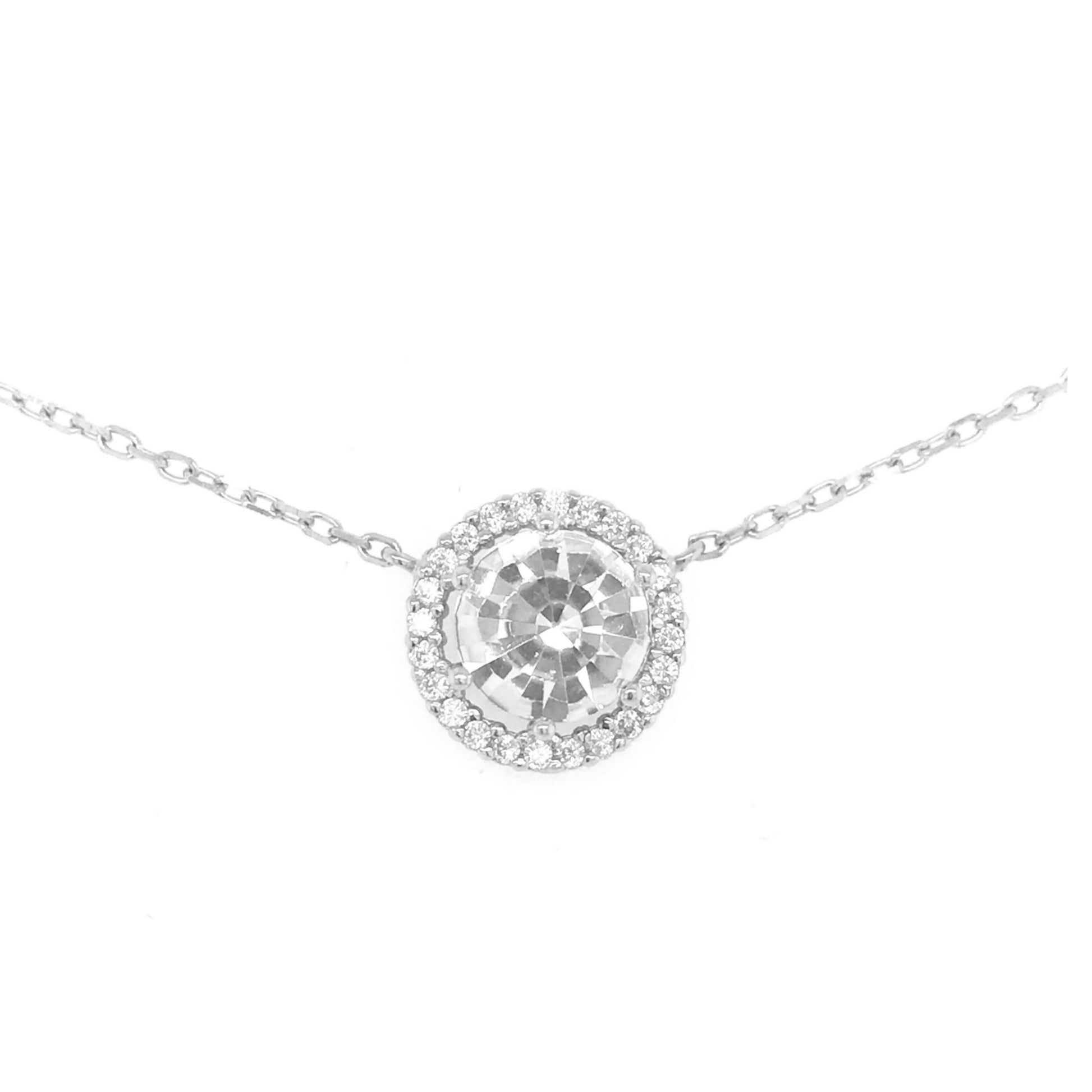 Sterling Silver 8mm CZ Solitaire Halo Necklace - HK Jewels