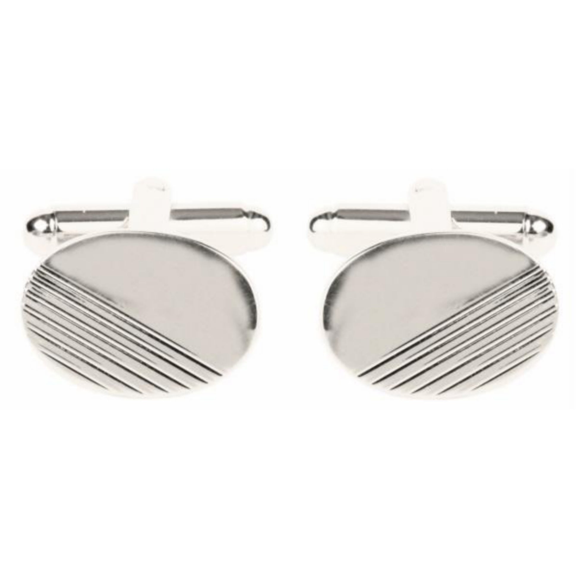 Oval with 1/3 Diagonal Lines Rhodium Plated Cufflinks - HK Jewels