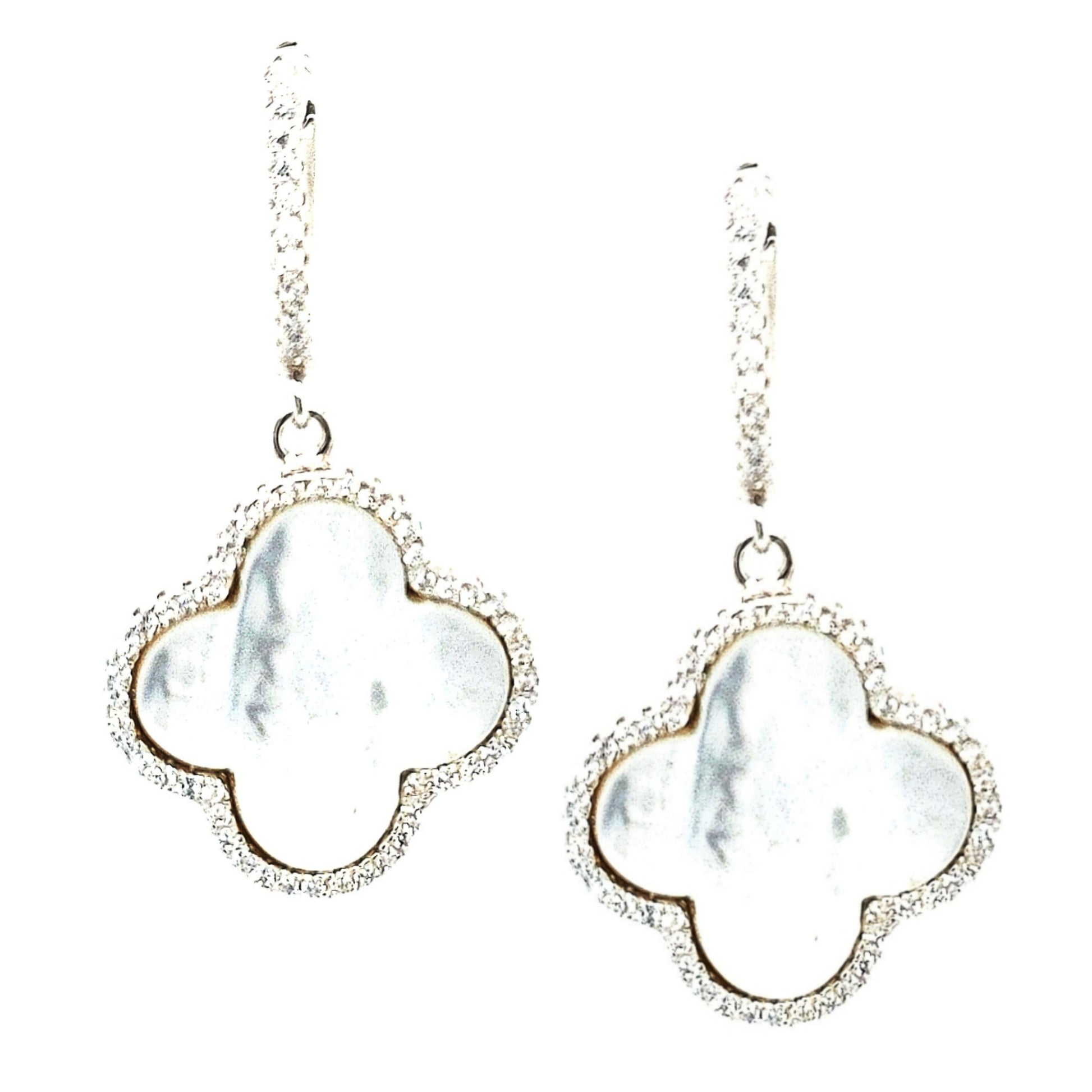 Sterling Silver Mother of Pearl Clover With CZs Earrings - HK Jewels