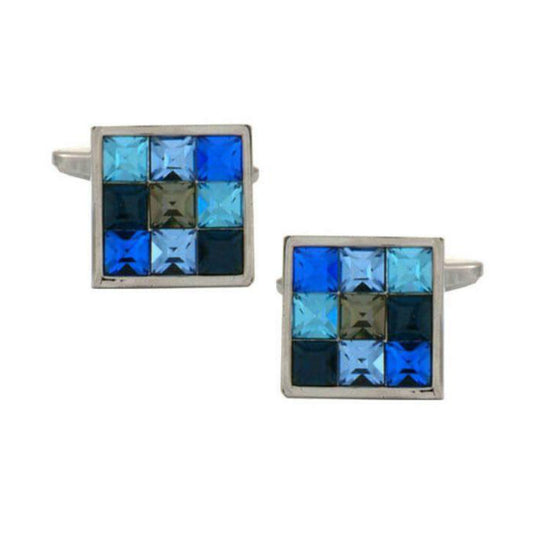 Square Rhodium Plated Cufflinks with Blue Crystals - HK Jewels