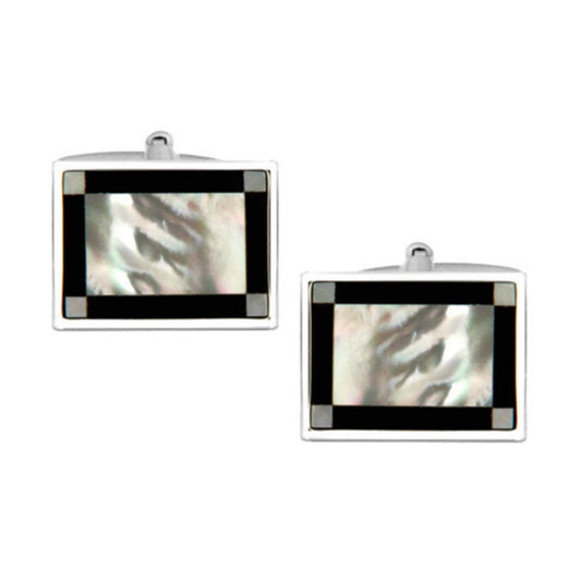 Rectangular Mother of Pearl & Onyx Rhodium Plated Cufflinks - HK Jewels