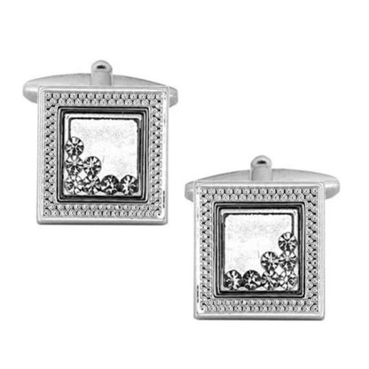 Square Edged Rhodium Cufflinks With Moving Crystals - HK Jewels