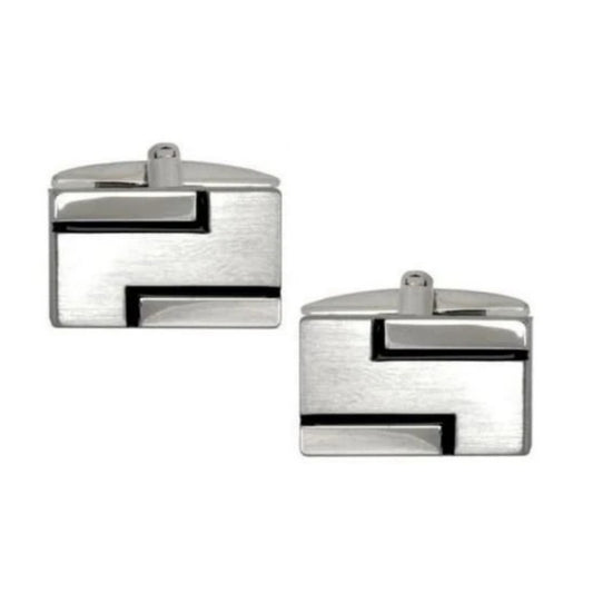 Brushed & Polished Black Lined Rectangle Cufflinks - HK Jewels