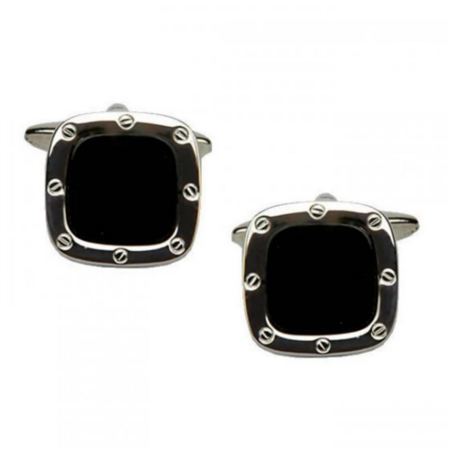 Rhodium Plated Cushion Shaped Black Onyx Cufflinks - HK Jewels