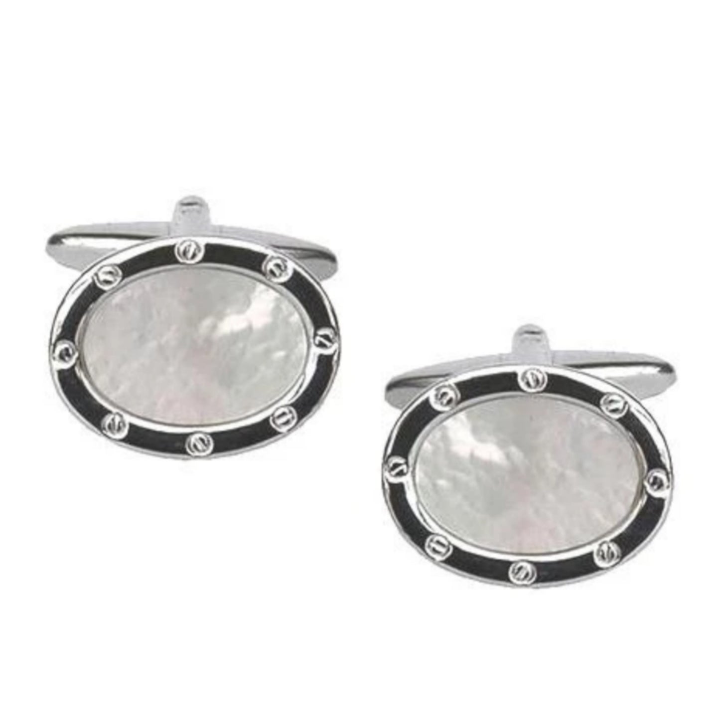 Rhodium Plated Oval Shaped MOP Cufflinks - HK Jewels