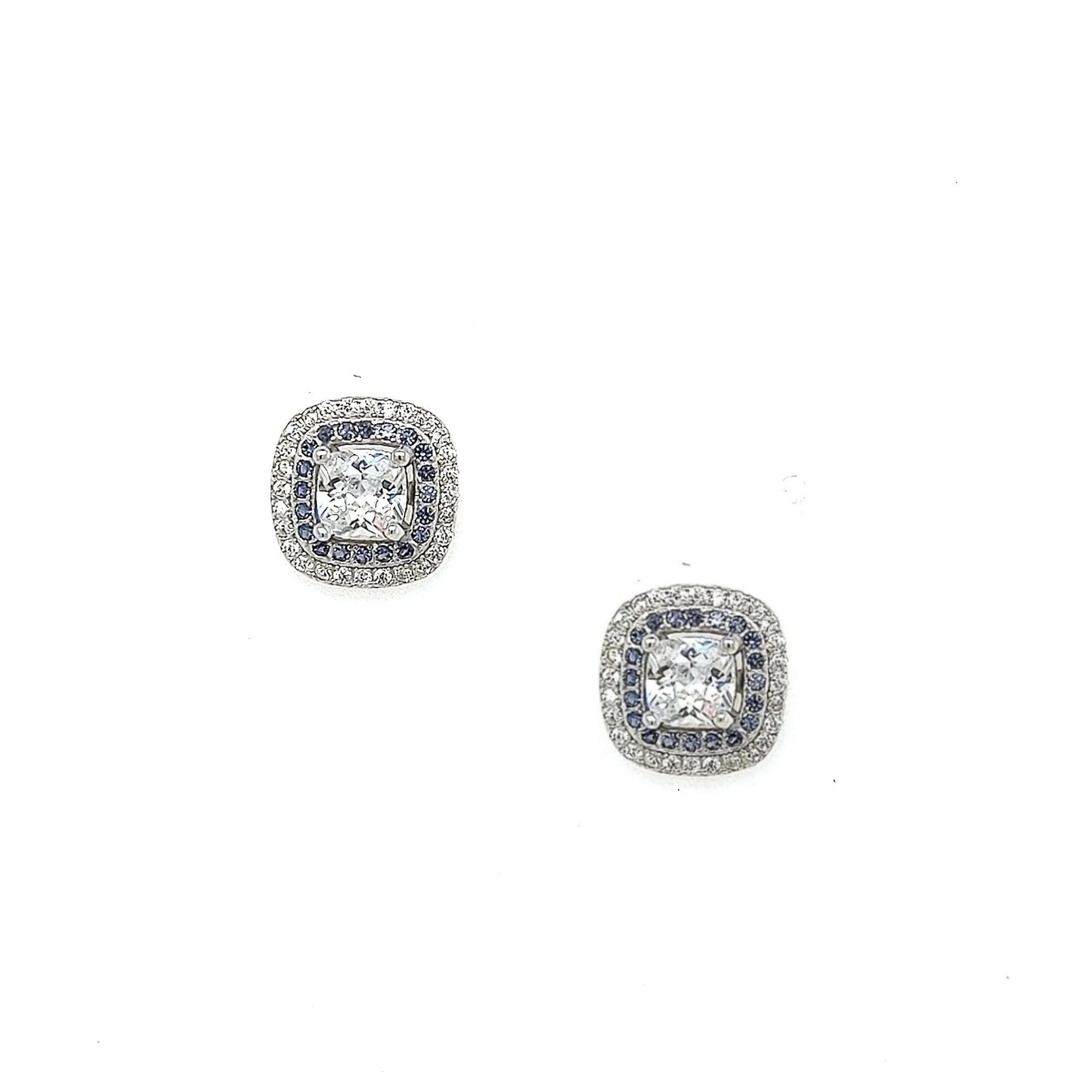 Sterling Silver Cushion Blue and Clear CZ Stud Earrings - HK Jewels